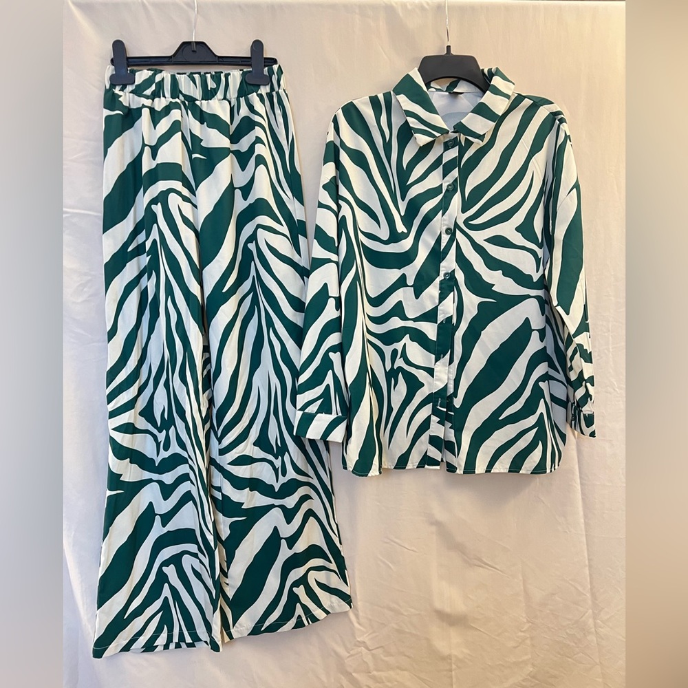 Two Piece Green Zebra Pant and Shirt Set. Size US (4) or Small/Medium